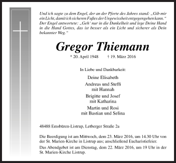 Traueranzeige von Gregor Thiemann von Neue Osnabrücker Zeitung GmbH & Co. KG