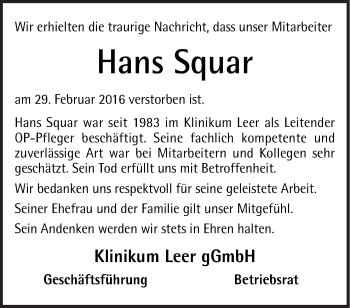 Traueranzeige von Hans Squar von Neue Osnabrücker Zeitung GmbH & Co. KG