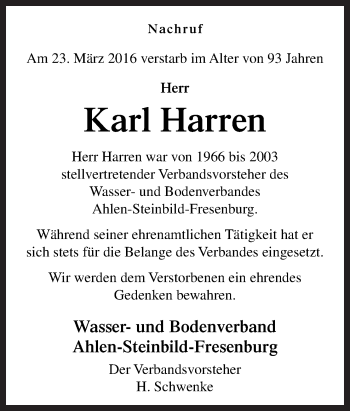 Traueranzeige von Karl Harren von Neue Osnabrücker Zeitung GmbH & Co. KG