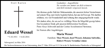 Traueranzeige von Eduard Wessel von Neue Osnabrücker Zeitung GmbH & Co. KG