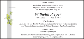 Traueranzeige von Wilhelm Pieper von Neue Osnabrücker Zeitung GmbH & Co. KG