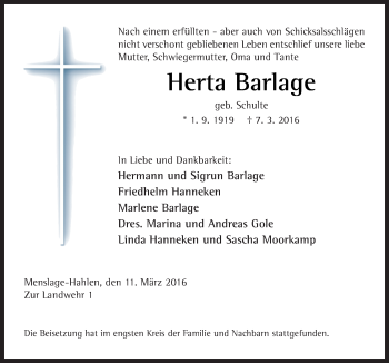 Traueranzeige von Herta Barlage von Neue Osnabrücker Zeitung GmbH & Co. KG