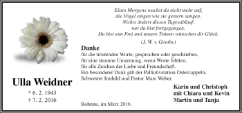 Traueranzeige von Ulla Weidner von Neue Osnabrücker Zeitung GmbH & Co. KG