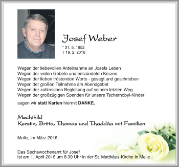 Traueranzeige von Josef Weber von Neue Osnabrücker Zeitung GmbH & Co. KG
