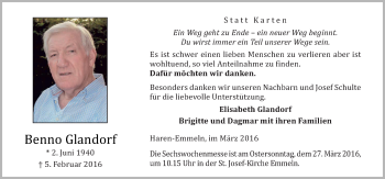 Traueranzeige von Benno Glandorf von Neue Osnabrücker Zeitung GmbH & Co. KG
