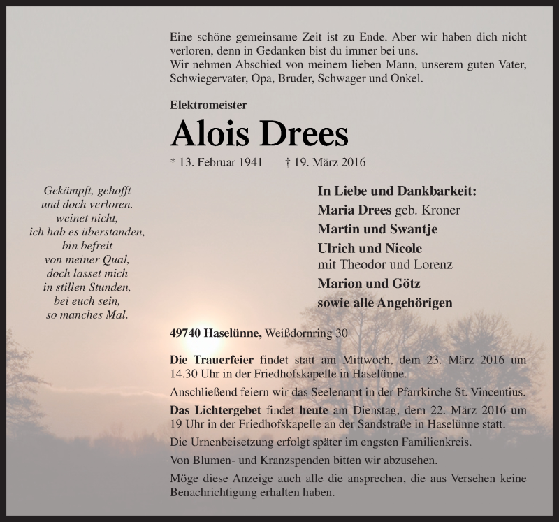  Traueranzeige für Alois Drees vom 22.03.2016 aus Neue Osnabrücker Zeitung GmbH & Co. KG