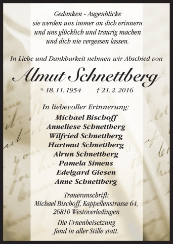 Traueranzeige von Almut Schnettberg von Neue Osnabrücker Zeitung GmbH & Co. KG