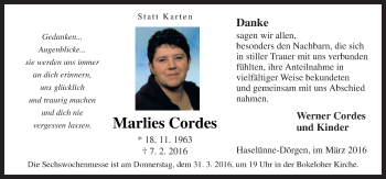 Traueranzeige von Marlies Cordes von Neue Osnabrücker Zeitung GmbH & Co. KG