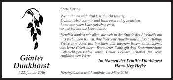 Traueranzeige von Günter Dunkhorst von Neue Osnabrücker Zeitung GmbH & Co. KG