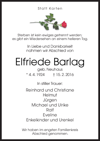 Traueranzeige von Elfriede Barlag von Neue Osnabrücker Zeitung GmbH & Co. KG