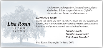 Traueranzeige von Lisa Rosin von Neue Osnabrücker Zeitung GmbH & Co. KG