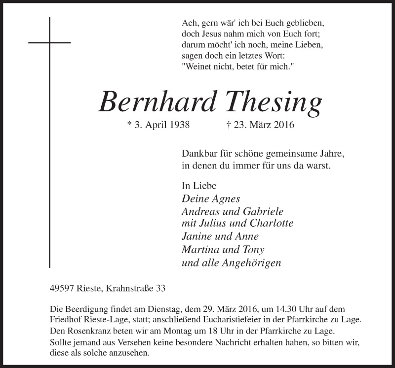  Traueranzeige für Bernhard Thesing vom 26.03.2016 aus Neue Osnabrücker Zeitung GmbH & Co. KG