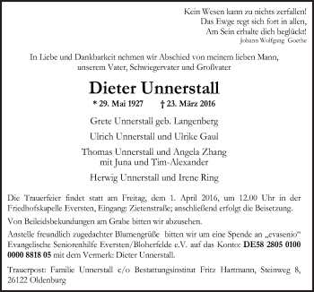 Traueranzeige von Dieter Unnerstall von Neue Osnabrücker Zeitung GmbH & Co. KG