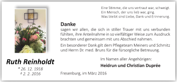 Traueranzeige von Ruth Reinholdt von Neue Osnabrücker Zeitung GmbH & Co. KG
