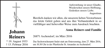 Traueranzeige von Johann Reiners von Neue Osnabrücker Zeitung GmbH & Co. KG