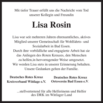 Traueranzeige von Lisa Rosin von Neue Osnabrücker Zeitung GmbH & Co. KG