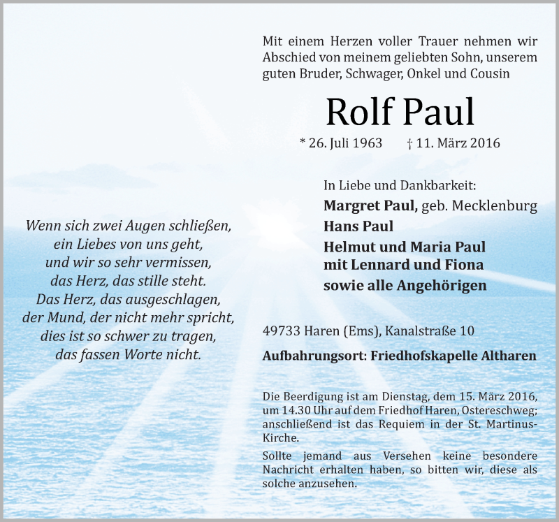  Traueranzeige für Rolf Paul vom 14.03.2016 aus Neue Osnabrücker Zeitung GmbH & Co. KG