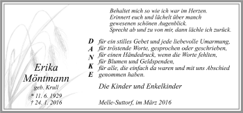 Traueranzeige von Erika Möntmann von Neue Osnabrücker Zeitung GmbH & Co. KG