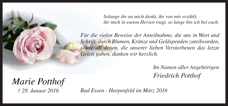  Traueranzeige für Marie Potthof vom 05.03.2016 aus Neue Osnabrücker Zeitung GmbH & Co. KG