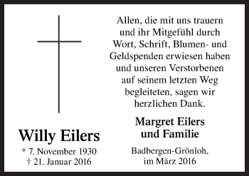 Traueranzeige von Willy Eilers von Neue Osnabrücker Zeitung GmbH & Co. KG