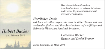 Traueranzeige von Hubert Bücker von Neue Osnabrücker Zeitung GmbH & Co. KG