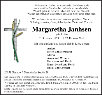Traueranzeige von Margaretha Janhsen von Neue Osnabrücker Zeitung GmbH & Co. KG