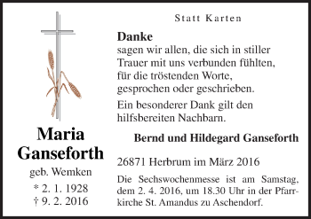Traueranzeige von Maria Ganseforth von Neue Osnabrücker Zeitung GmbH & Co. KG