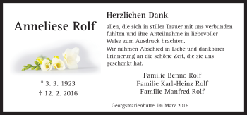 Traueranzeige von Anneliese Rolf von Neue Osnabrücker Zeitung GmbH & Co. KG