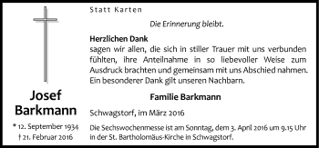 Traueranzeige von Josef Barkmann von Neue Osnabrücker Zeitung GmbH & Co. KG