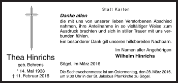 Traueranzeige von Thea Hinrichs von Neue Osnabrücker Zeitung GmbH & Co. KG