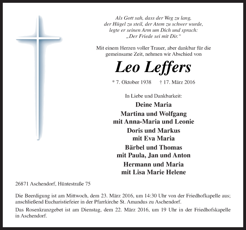  Traueranzeige für Leo Leffers vom 19.03.2016 aus Neue Osnabrücker Zeitung GmbH & Co. KG