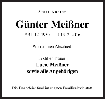 Traueranzeige von Günter Meißner von Neue Osnabrücker Zeitung GmbH & Co. KG