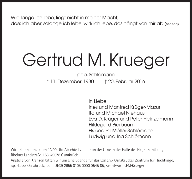  Traueranzeige für Gertrud M. Krueger vom 05.03.2016 aus Neue Osnabrücker Zeitung GmbH & Co. KG