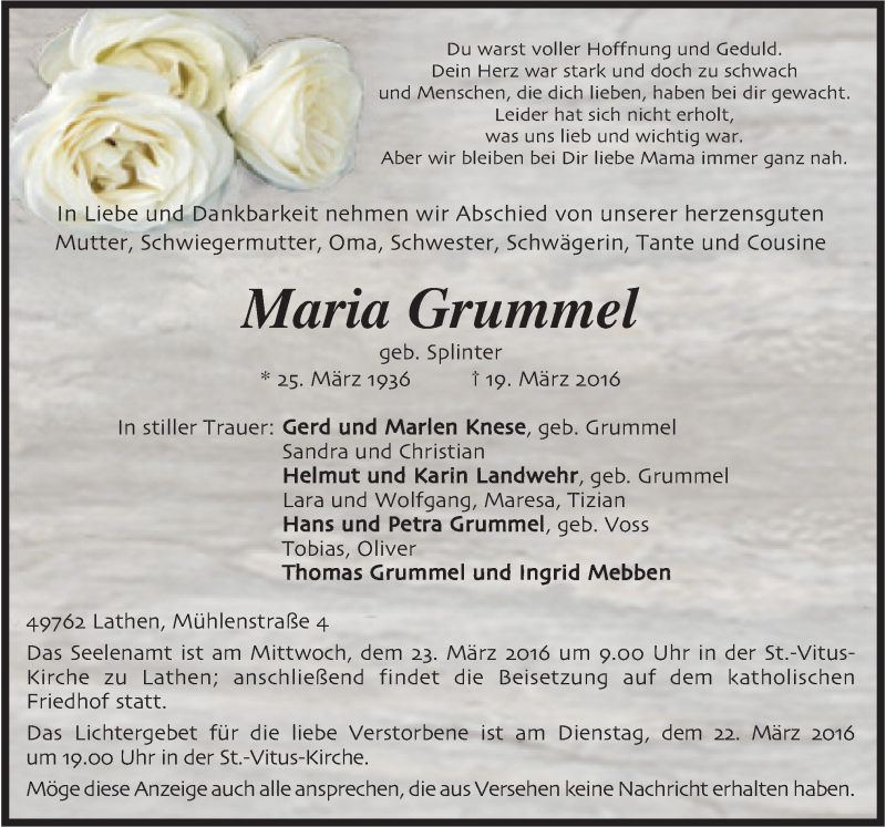  Traueranzeige für Maria Grummel vom 21.03.2016 aus Neue Osnabrücker Zeitung GmbH & Co. KG