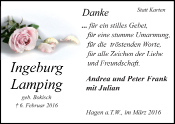 Traueranzeige von Ingeburg Lamping von Neue Osnabrücker Zeitung GmbH & Co. KG
