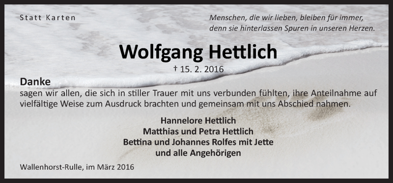  Traueranzeige für Wolfgang Hettlich vom 26.03.2016 aus Neue Osnabrücker Zeitung GmbH & Co. KG