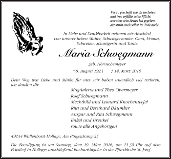 Traueranzeige von Maria Schwegmann von Neue Osnabrücker Zeitung GmbH & Co. KG