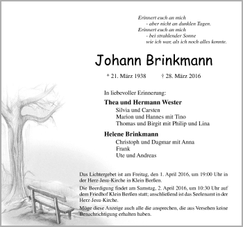 Traueranzeige von Johann Brinkmann von Neue Osnabrücker Zeitung GmbH & Co. KG