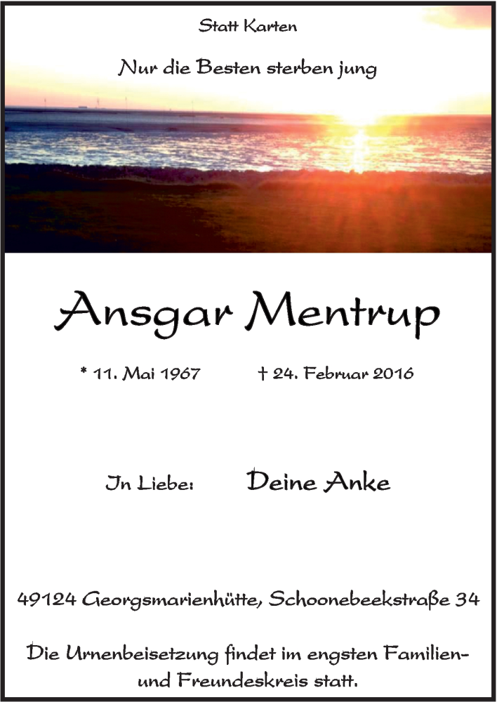  Traueranzeige für Ansgar Mentrup vom 02.03.2016 aus Neue Osnabrücker Zeitung GmbH & Co. KG