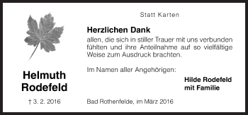 Traueranzeige von Helmuth Rodefeld von Neue Osnabrücker Zeitung GmbH & Co. KG