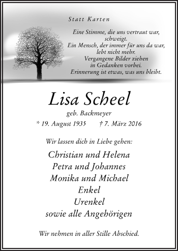 Traueranzeige von Lisa Scheel von Neue Osnabrücker Zeitung GmbH & Co. KG