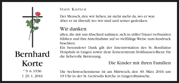 Traueranzeige von Bernhard Korte von Neue Osnabrücker Zeitung GmbH & Co. KG