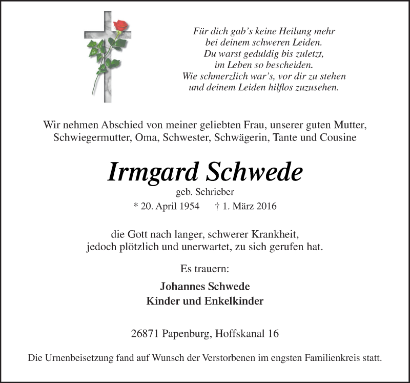  Traueranzeige für Irmgard Schwede vom 11.03.2016 aus Neue Osnabrücker Zeitung GmbH & Co. KG