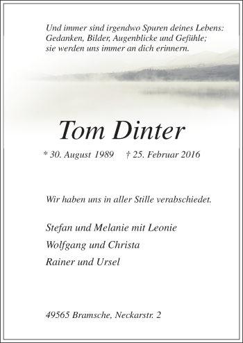 Traueranzeige von Tom Dinter von Neue Osnabrücker Zeitung GmbH & Co. KG