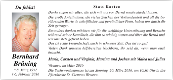 Traueranzeige von Bernhard Brüning von Neue Osnabrücker Zeitung GmbH & Co. KG