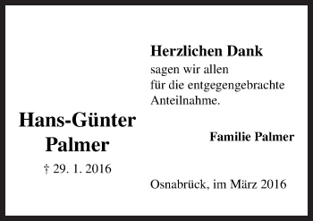 Traueranzeige von Hans-Günter Palmer von Neue Osnabrücker Zeitung GmbH & Co. KG
