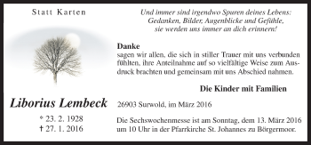Traueranzeige von Liborius Lembeck von Neue Osnabrücker Zeitung GmbH & Co. KG