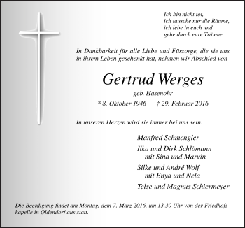 Traueranzeige von Gertrud Werges von Neue Osnabrücker Zeitung GmbH & Co. KG