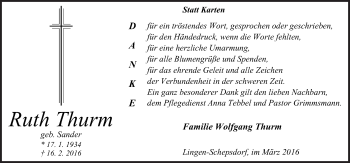 Traueranzeige von Ruth Thurm von Neue Osnabrücker Zeitung GmbH & Co. KG