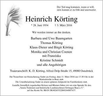 Traueranzeige von Heinrich Körting von Neue Osnabrücker Zeitung GmbH & Co. KG